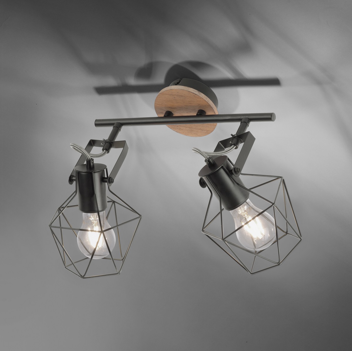 Leuchten Direkt 15672-78 JARO - Stropní nebo nástěnné retro industriální svítidlo ve dřevě a kovu 2 x E27, šířka 40cm