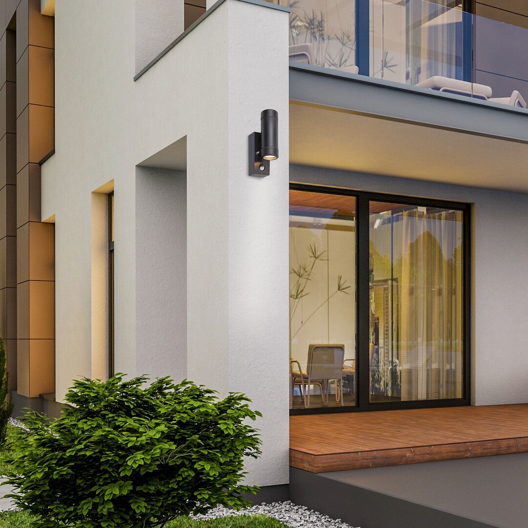 Rabalux 8835 MEDINA - Nástěnné senzorové venkovní svítidlo v černé barvě, 2 x GU10, IP44