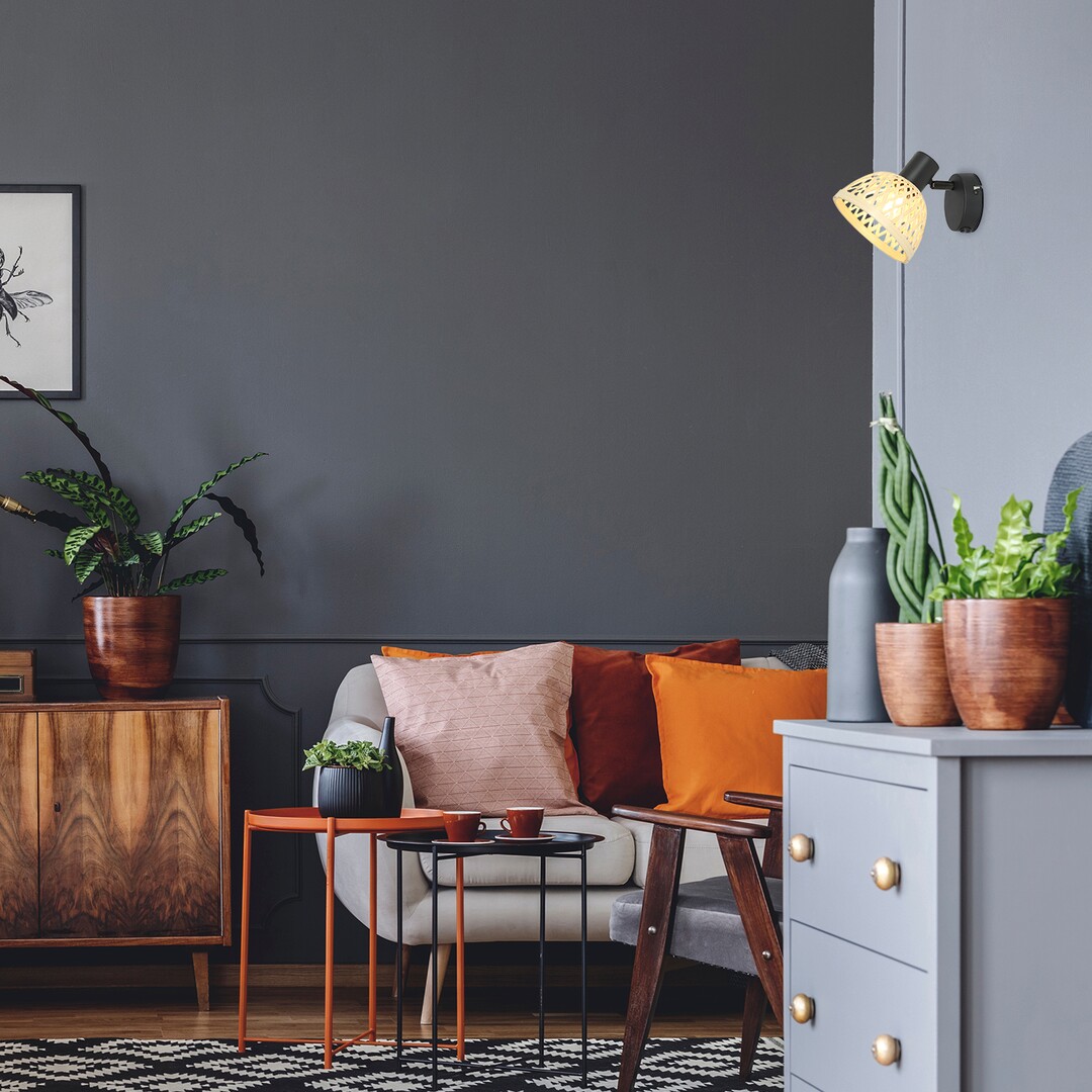 Rabalux 3133 RATTAN - Elegantní nástěnná lampička s ratanovým stínidlem, vypínač, 1 x E14