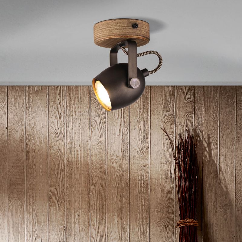 Brilliant 87510/46 TOOL - Industriální nástěnná nebo stropní bodovka v černé barvě se dřevem, 1 x GU10