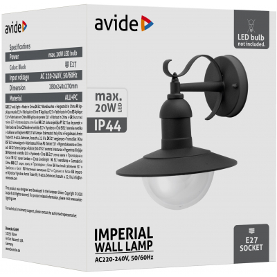 Avide AOLWE27-IMP-B IMPERIAL - Venkovní nástěnné svítidlo v černé barvě, 1 x E27, IP44 42186
