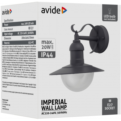 Avide AOLWE27-IMP-AN IMPERIAL - Venkovní nástěnné svítidlo v šedé antracitové barvě, 1 x E27, IP44 41707