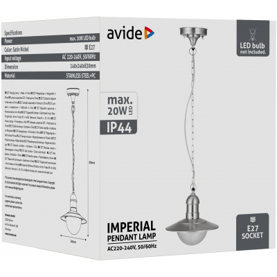 Avide AOLHE27-IMP-SN 42384 IMPERIAL - Venkovní závěsné svítidlo v nerezové oceli, 1 x E27, IP44