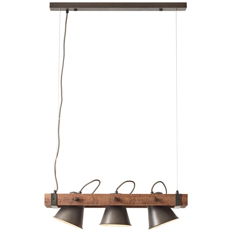 Brilliant 82173/46 PLOW - Závěsná industriální lampa ve tmavé barvě se dřevem, 3 x E27, 70cm