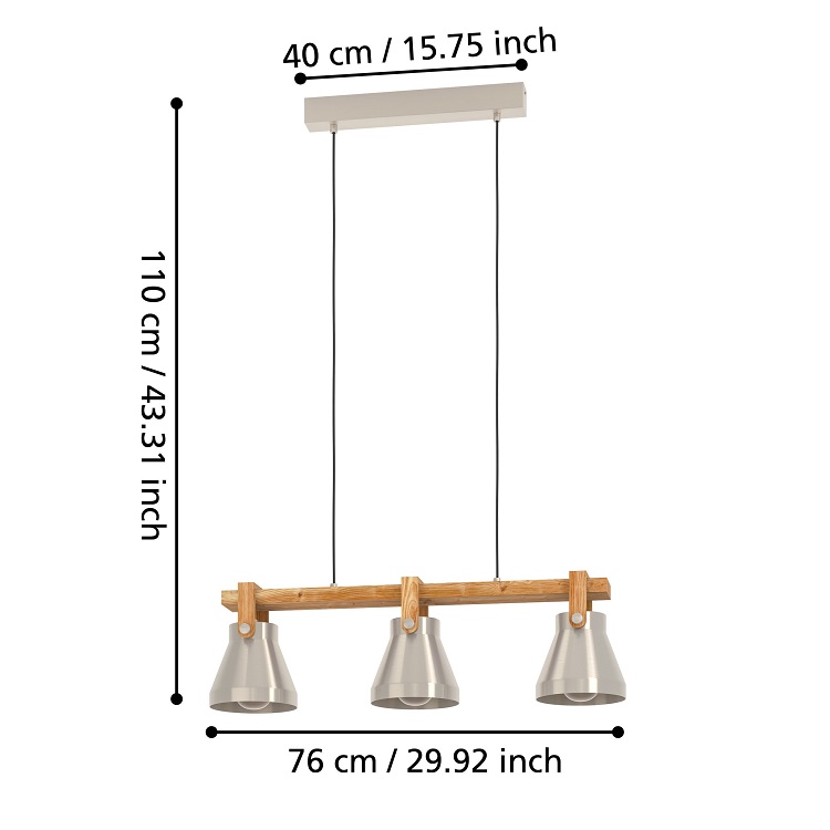 Eglo 43952 CAWTON - Závěsný trojramenný lustr nad stůl nebo sedačku se dřevěnou lištou, 3 x E27, 76cm