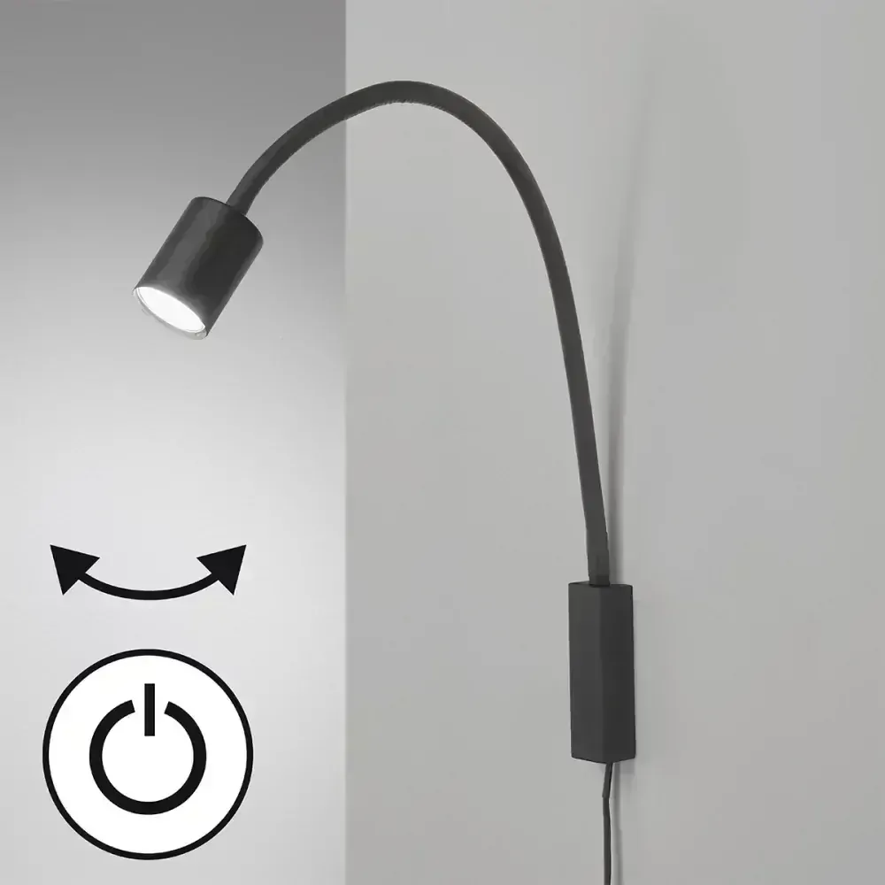 Fischer Honsel 30498 JUSTI - Nástěnná černá čtecí lampička s husím krkem a vypínačem, 1 x LED GU10