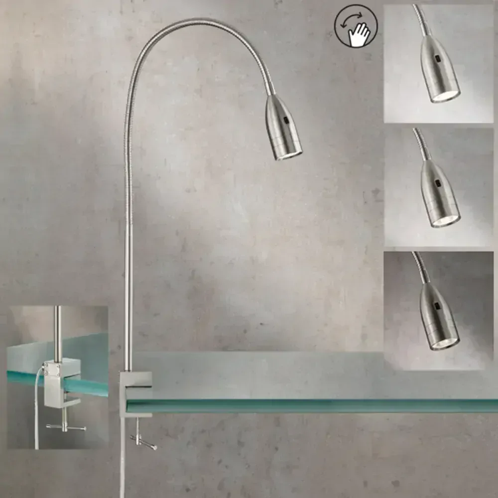 Fischer Honsel 50375 STEN - Stolní LED stříbrná lampa s husím krkem a bezdotykovým stmívačem, LED 5W, 420lm, 3000K