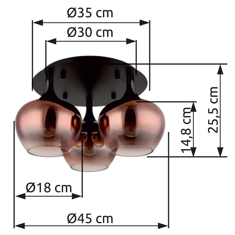 Globo 15548-3DG MAXY - Stropní černý lustr s měděnými stínidly, 3x E27, Ø 45cm 