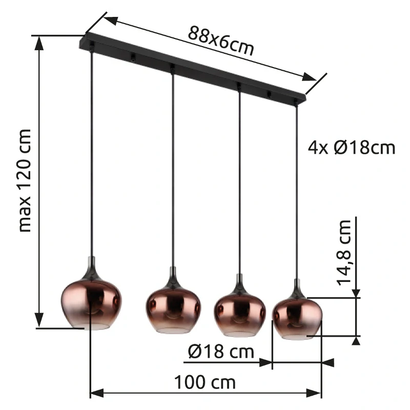 Globo 15548-4HG MAXY - Závěsný černý lustr s měděnými skleněnými stínidly, 4x E27, 100cm