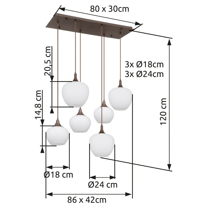 Globo 15548-6HC MAXY - Závěsný hnědý lustr se skleněnými mléčnými stínidly, 6x E27, 86 x 42cm