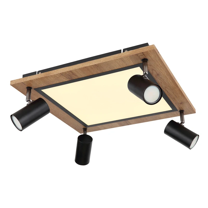 Globo 67306D2 ULLA - LED stropní svítidlo v černé barvě s MDF dřevem a natáčecími bodovkami, LED 24W + 4 x GU10, 3000K, 45 x 45cm