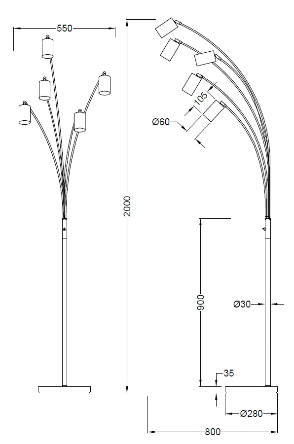 Trio Leuchten 412400532 MARLEY black - Čtecí černá stojací pětiramenná lampa 5 x GU10, 200cm