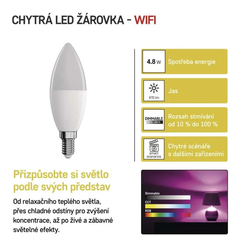 EMOS ZQW322R GO SMART - Chytrá LED RGB žárovka E14 svíčka, ovládání z mobilní aplikace, LED 4,8W, 2700-6500K + RGB, E14