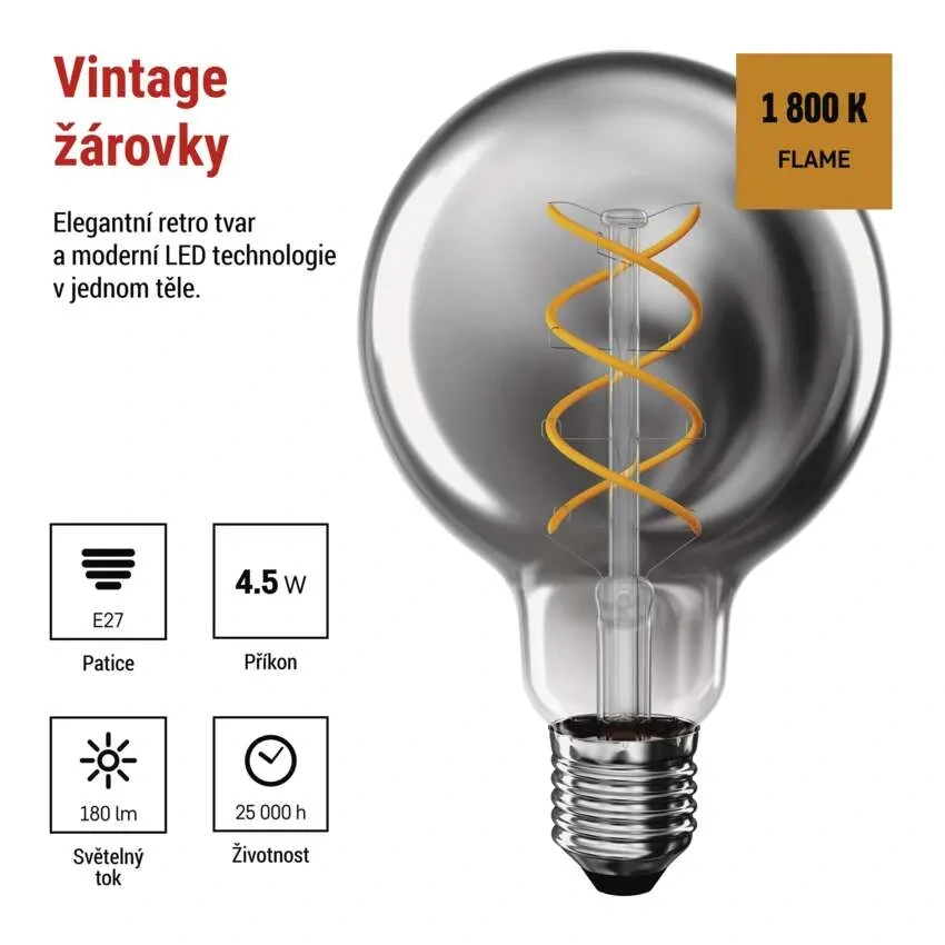 Emos Z52311 DECO SMOKE BULB - Retro LED žárovka E27 G95 s kouřovým sklem, 4,5W, 1800K