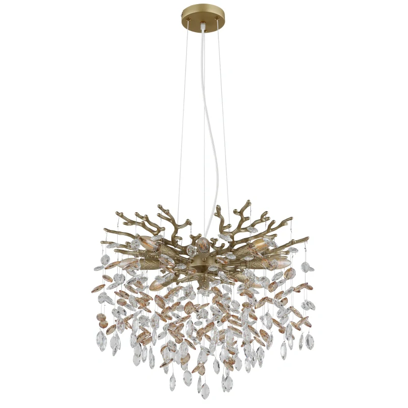 Globo 64138H1G QUEENA - Závěsný zlatý lustr se skleněnými kříšťálovými ověsky, 8 x E14, 60cm
