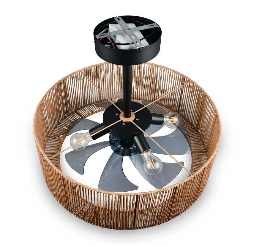 Trio Leuchten R66905036 SMILLUM - Stropní ventilátor se stínidlem z konopí a dálkovým ovladačem, 4 x E27,  Ø 61cm