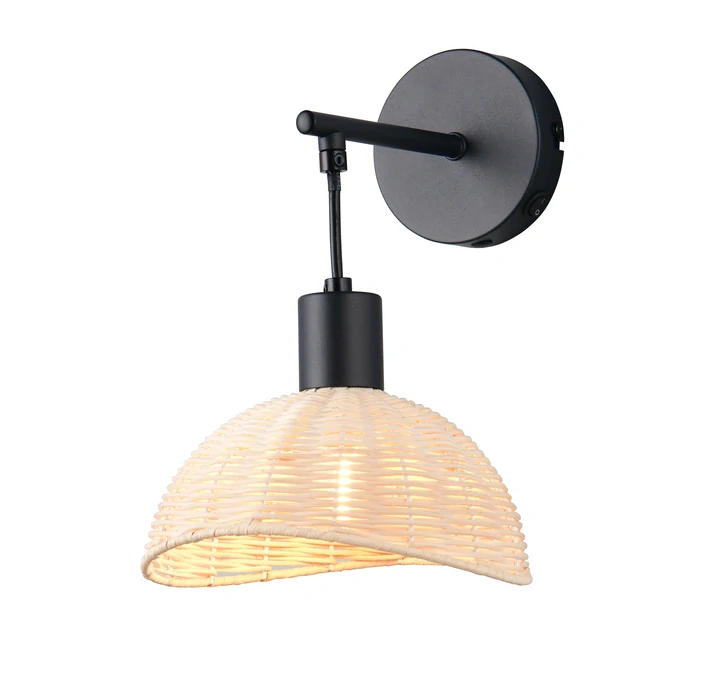 Trio Leuchten R26781732 CALVI - Nástěnná černá lampička s ratanovým stínidlem, 1 x E14