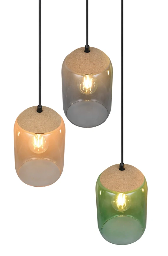 Trio Leuchten 364630317 CORK - Závěsný trojramenný lustr se skleněnými stínidly, 3 x E27, Ø 30cm