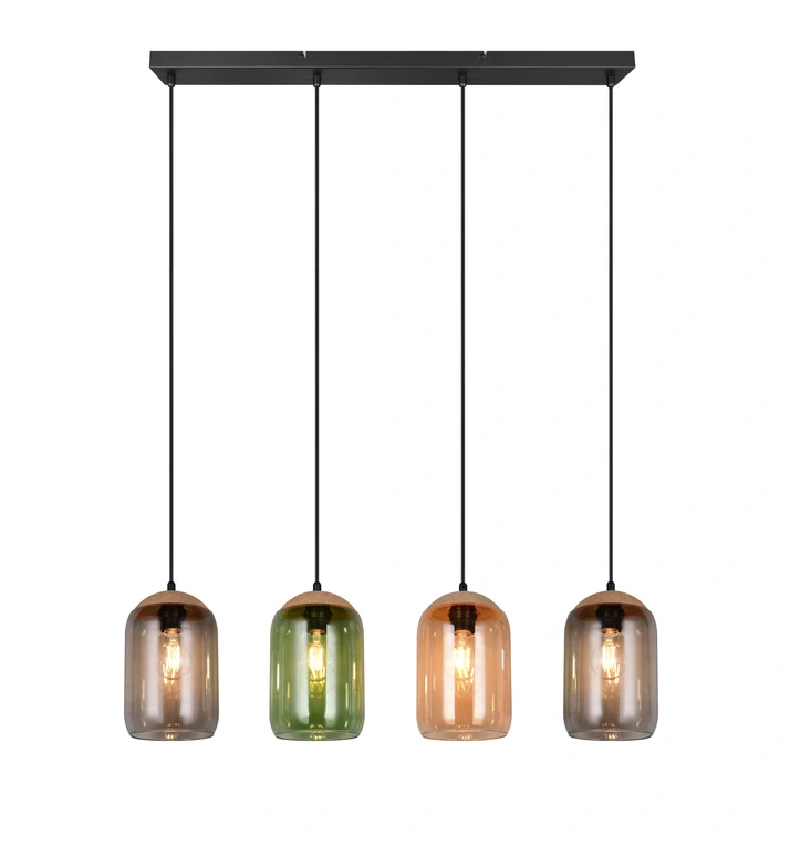 Trio Leuchten 364600417 CORK - Závěsný čtyřramenný lustr se skleněnými stínidly, 4 x E27, 90cm