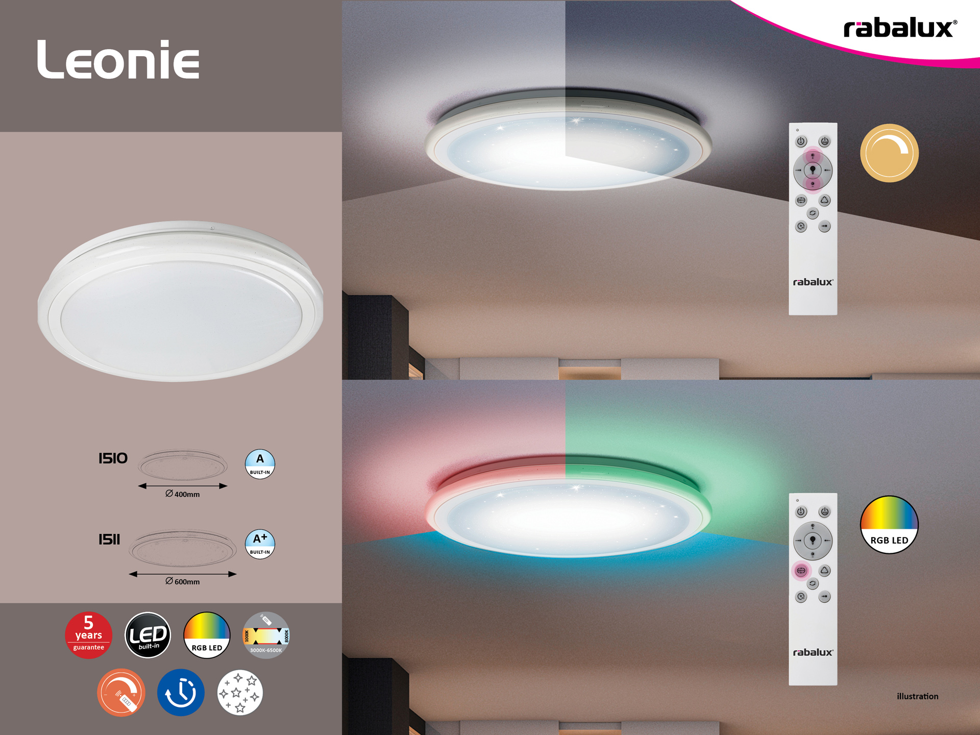 Rabalux 1510 LEONIE - Stropní LED RGB svítidlo s dálkovým ovladačem 24W, Ø 40cm