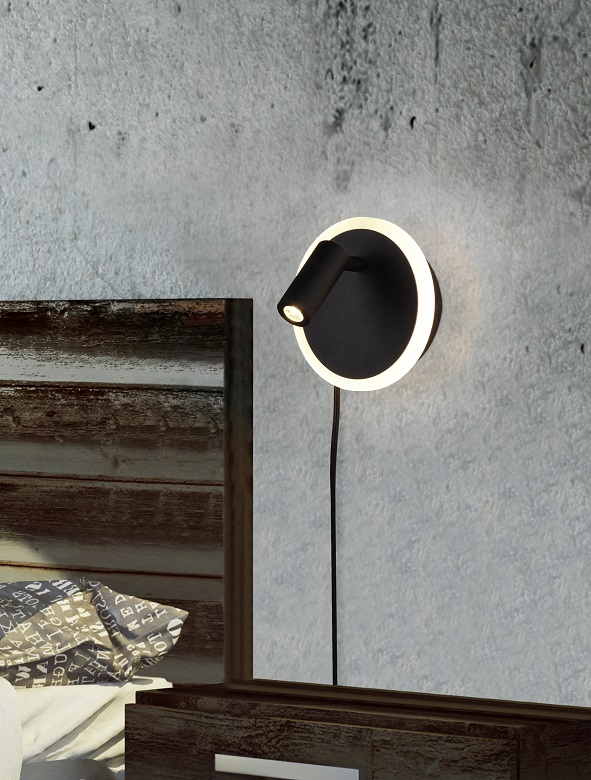 Trio Leuchten 229210232 JORDAN - LED nástěnná lampa k posteli s kabelem, LED 5W + 2W, 3000K, černá barva