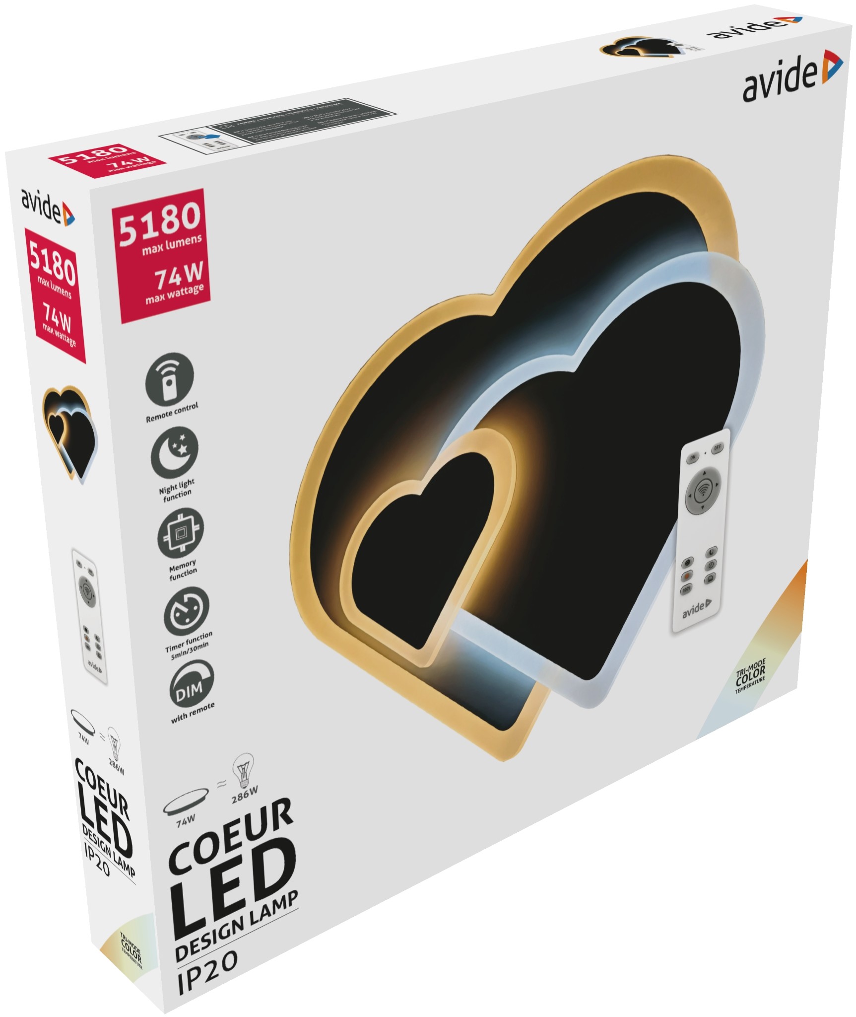 Avide design COEUR - LED stropní svítidlo v bílé barvě s dálkovým ovladačem 3000K - 6400K, 74W