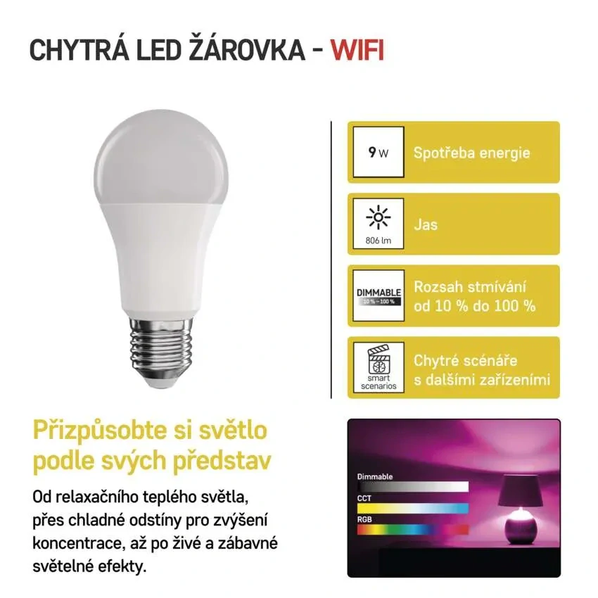 EMOS ZQW514R GO SMART - Chytrá LED RGB žárovka A60, ovládání z mobilní aplikace, LED 9W, 2700-6500K + RGB, E27
