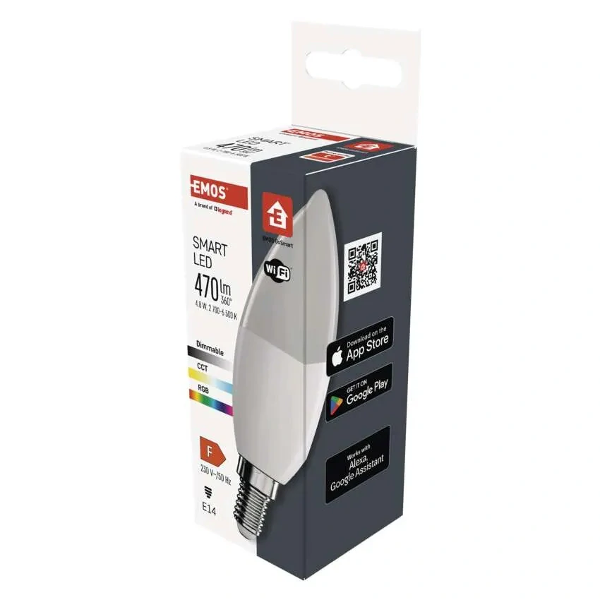 EMOS ZQW322R GO SMART - Chytrá LED RGB žárovka E14 svíčka, ovládání z mobilní aplikace, LED 4,8W, 2700-6500K + RGB, E14