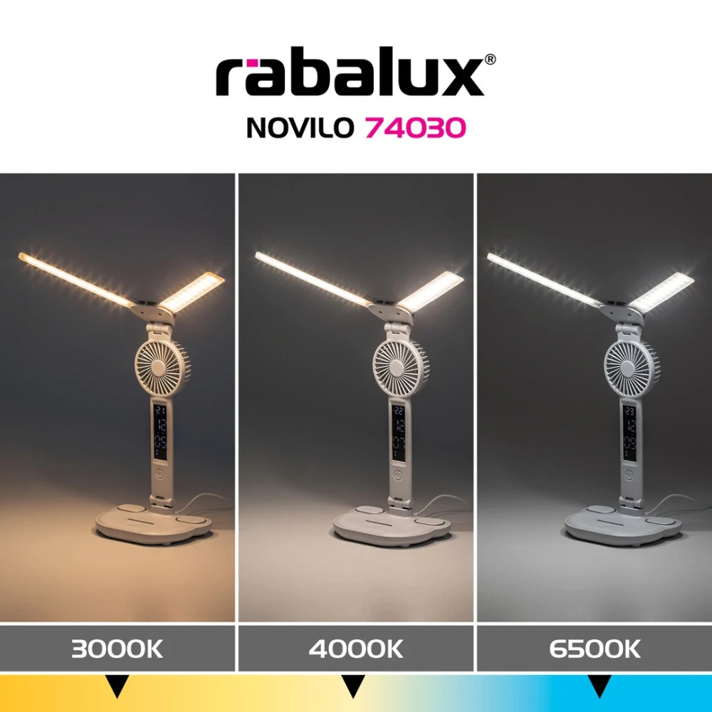 Rabalux 74030 NOVILO - LED dotykem stmívatelná stolní lampa s ventilátorem, LED 7W, 420lm, 3000-4000-6500K