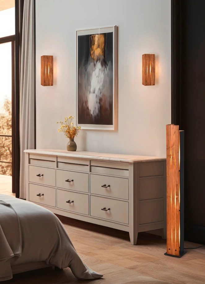 Trio Leuchten 463300330 KARUNI - Stojací dřevěná lampa s nášlapným vypínačem, 3 x E27, 121cm