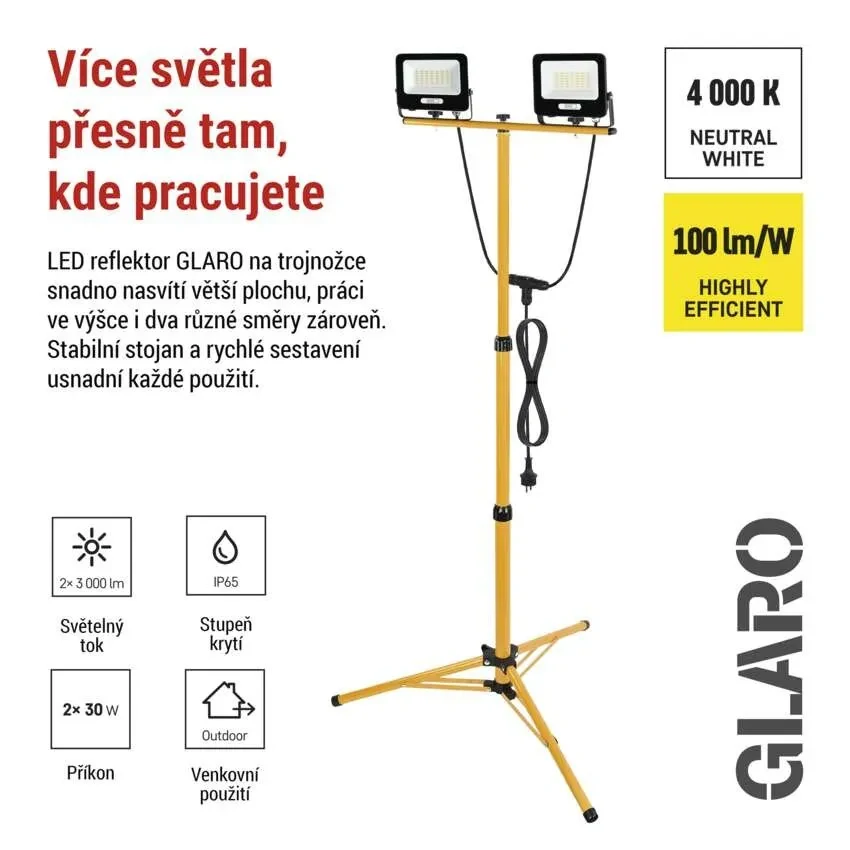 Emos ZS3213.2 GLARO - Přenosné LED reflektory na trojnožce, 2 x 30W, IP65