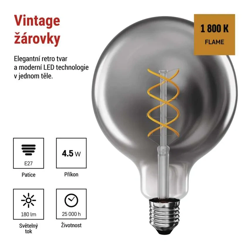 Emos Z58311 DECO SMOKE BULB - Retro LED žárovka E27 G125 s kouřovým sklem, 4,5W, 1800K