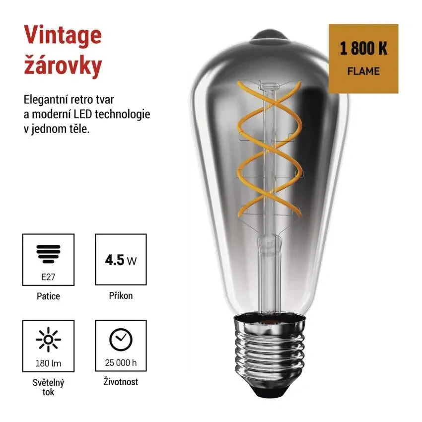 Emos Z57311 DECO SMOKE BULB - Retro LED žárovka E27 ST64 s kouřovým sklem, 4,5W, 1800K