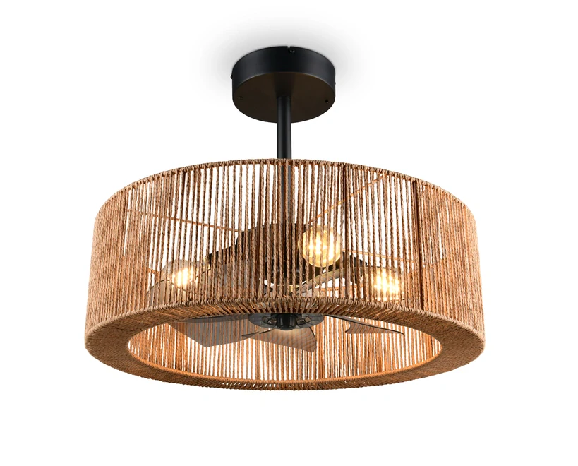 Trio Leuchten R66905036 SMILLUM - Stropní ventilátor se stínidlem z konopí a dálkovým ovladačem, 4 x E27,  Ø 61cm