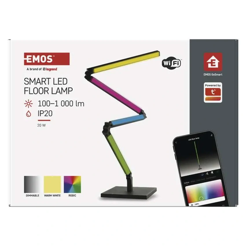 Emos ZCW34BR GO SMART - LED RGB stojací lampa v černé barvě, ovládání mobilní aplikací, LED 24W, max 175cm