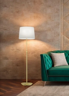 Trio Leuchten 409100308 LYON - Stojací moderní mosazná lampa s tahovým vypínačem a bílým textilním stínidlem, výška 138-180cm, 3 x E27
