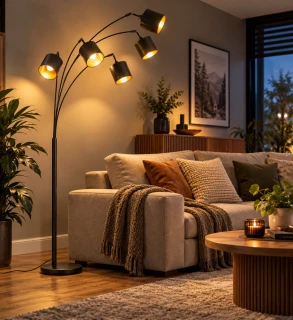 Trio Leuchten R46330579 TOMMY - Moderní pětiramenná stojací lampa 5 x E14, 200cm výška / černo zlatá