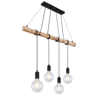 Globo 15439-4 AUSTON - Závěsné svítidlo v kombinaci dřeva a černých textilních kabelů, 4x E27, 90cm