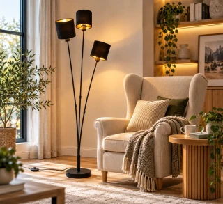 Trio Leuchten R46333979 TOMMY - Moderní trojramenná stojací lampa 3 x E14, 150cm výška / černo zlatá