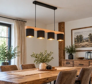 Trio Leuchten R30654002 CAMERON - Závěsný lustr nad jídelní stůl se dřevěnou lištou 4 x E14