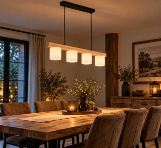 Trio Leuchten R30654001 CAMERON - Závěsný lustr nad jídelní stůl se dřevěnou lištou 4 x E14