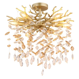 Globo 64138DG QUEENA - Stropní zlatý lustr se skleněnými kříšťálovými ověsky, 6 x E14, 50cm